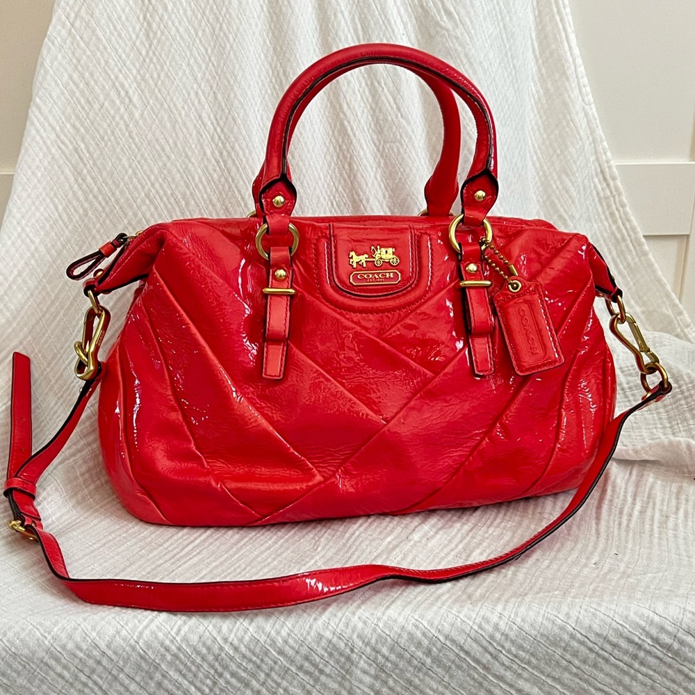 COACH 💓Bright Pink💗 Colored Patent Leather Ruched Handbag/Crossbody (Circa 2013)